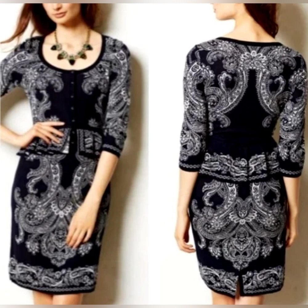 ANTHROPOLOGIE Knitted & Knotted PAISLEY MED Blue White Jacquard Cotton Peplum